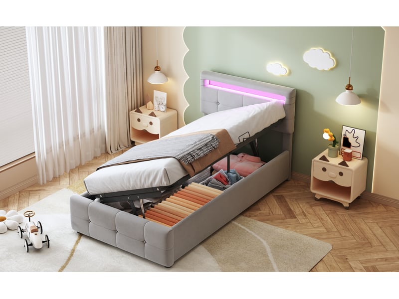  Lit coffre enfant 90x200 cm gris velours mdf et métal avec éclairage led tête de lit réglable rangement hydraulique Sol Morn - Conforama D