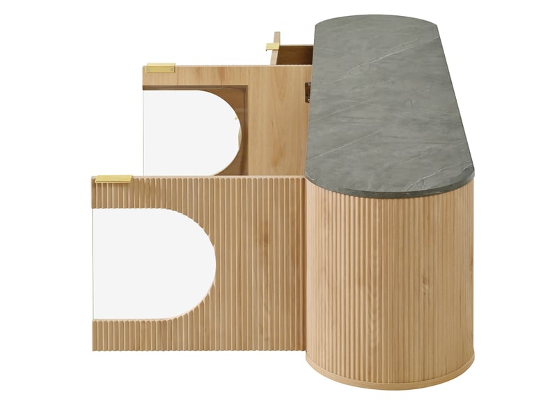  Meuble tv moderne minimaliste avec rangements et vitrine ovale, 172x38x45,5 cm, mdf, aspect bois naturel.  - Conforama R