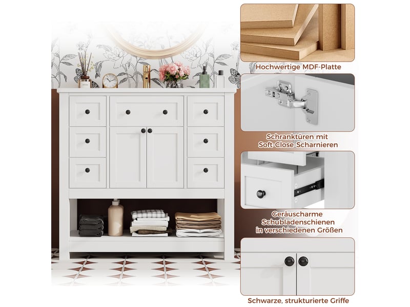 Meuble vasque blanc laqué mdf et céramique 91,5×46,5×90 cm, 6 tiroirs et 1 abattant, 2 portes, poignées noires - Conforama C
