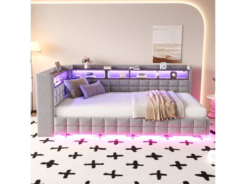  Lit banquette 90 x 200 cm gris clair en velours doux avec coffre hydraulique, étagères bois, led, prise, ports usb type-c et lattes chambre  - Conforama D