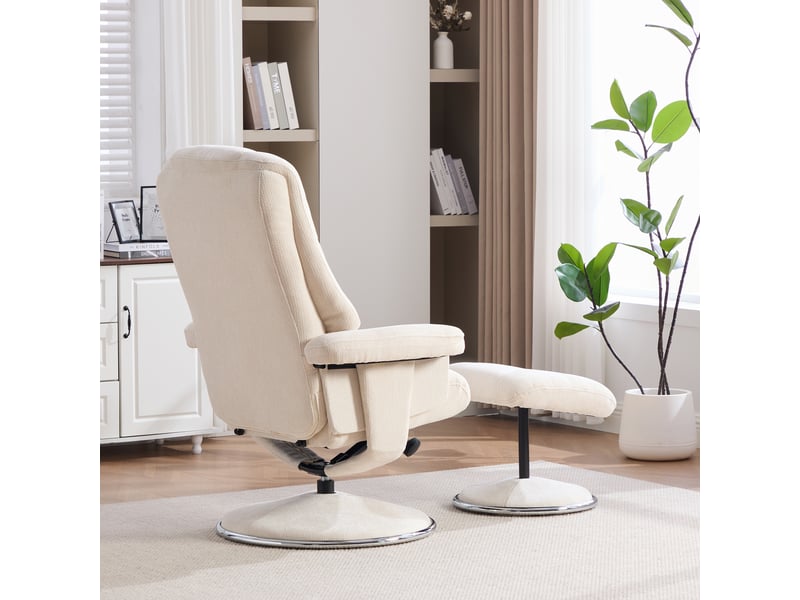 Fauteuil relax pivotant avec repose-pieds, tissu chenille beige, dossier inclinable à 145° pour salon et lecture - Conforama D