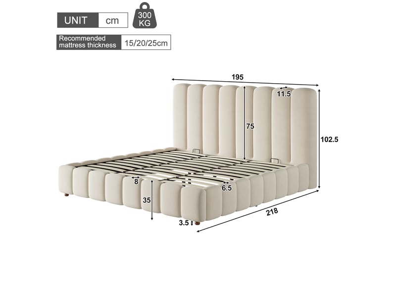  Lit capitonné, lit double, 180 x 200 cm, sommier à lattes, tête de lit rembourrée, grand espace de rangement, beige, velours  - Conforama C