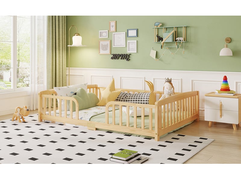  Lit au sol 140x200 cm avec barrière de sécurité et entrée centrale en pin naturel pour enfant avec notice et visserie Sol Morn - Conforama B