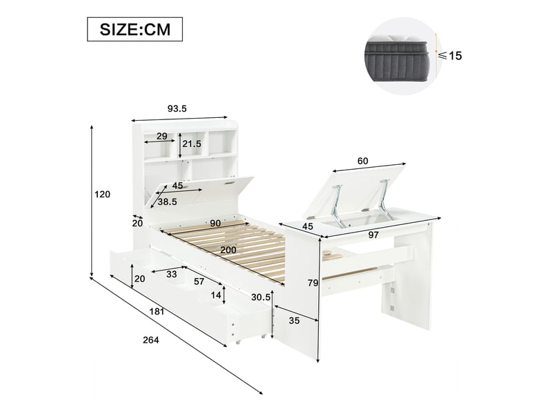 Lit enfant 90x200 blanc avec rangements, étagère tête de lit et tiroir flexible amovible - Conforama C