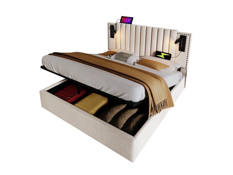  Lit coffre 160x200 cm avec liseuse, charge usb et type c, tête de lit à rivets, beige, avec matelas  - Conforama A