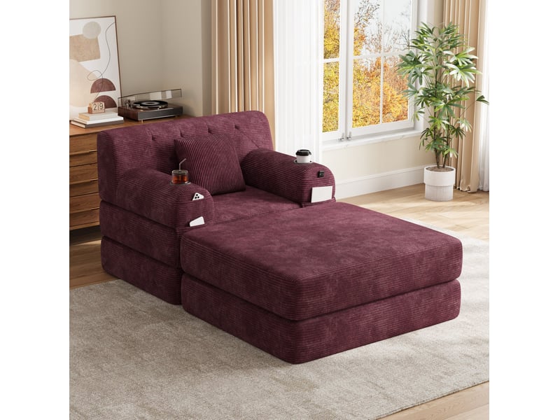  Fauteuil-lit 1 place avec pouf, couchage, 4 poches et 2 porte-gobelets en velours côtelé rouge lie-de-vin  - Conforama D
