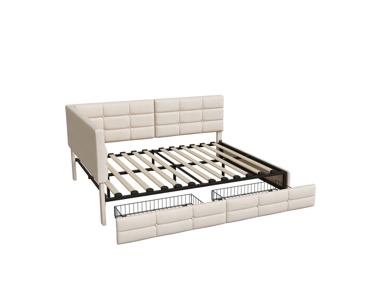 Canapé lit 140x190 avec rangement, lit coffre avec 2 tiroirs, led lit avec ports usb, beige lin lit gigogne aux chambres, studios et salons - Conforama W