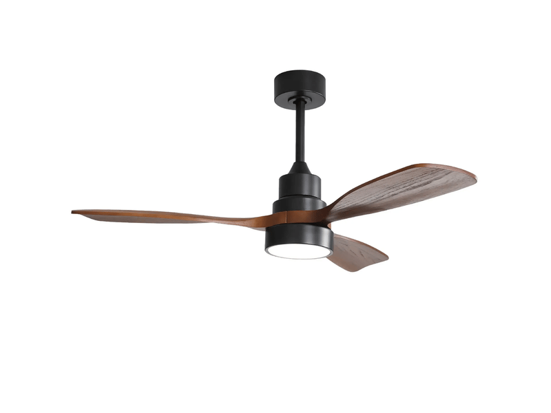  Ventilateur de plafond en métal et bois noir avec lumière led dimmable, 3 pales en bois noyer, télécommande et moteur dc réversible 122 cm  - Conforama A