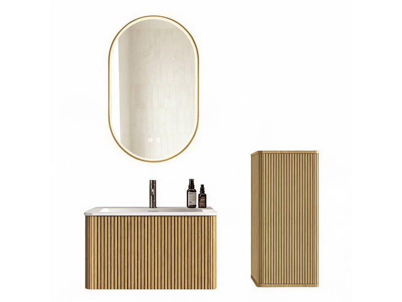  Meuble de salle de bains suspendu 80 cm avec vasque, colonne et miroir led réglable, finition bois clair moderne  - Conforama A