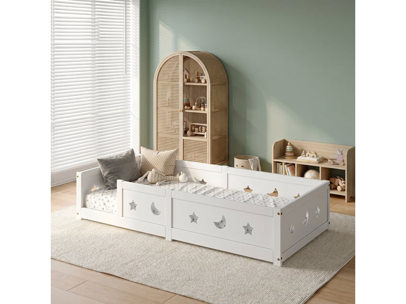  Lit au sol 90x200 cm,lit enfant avec barrières de sécurité, lit simple, motif étoiles et lune,sommier à lattes,mdf, blanc  - Conforama B