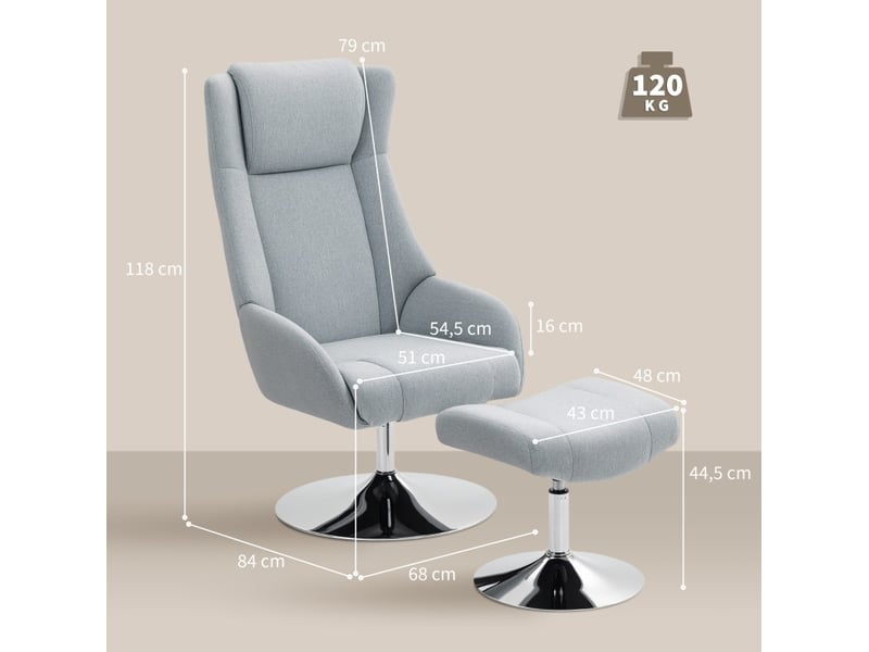  Fauteuil relax inclinable pivotant 360° gris avec repose-pieds, tissu respirant et base métal pour le salon  - Conforama C