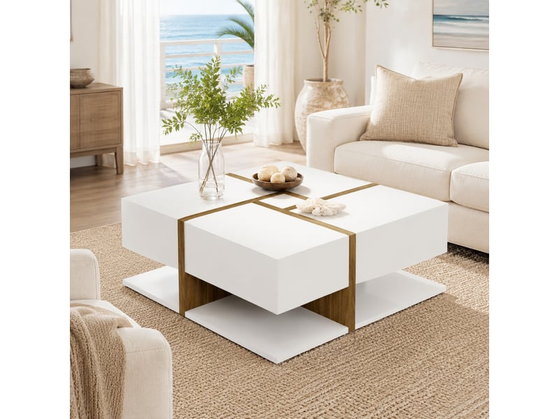  Table basse finition brillante avec 4 tiroirs et étagère basse, pour salon, panneaux de particules, blanc, 78 x 78 x 34.8 cm  - Conforama B
