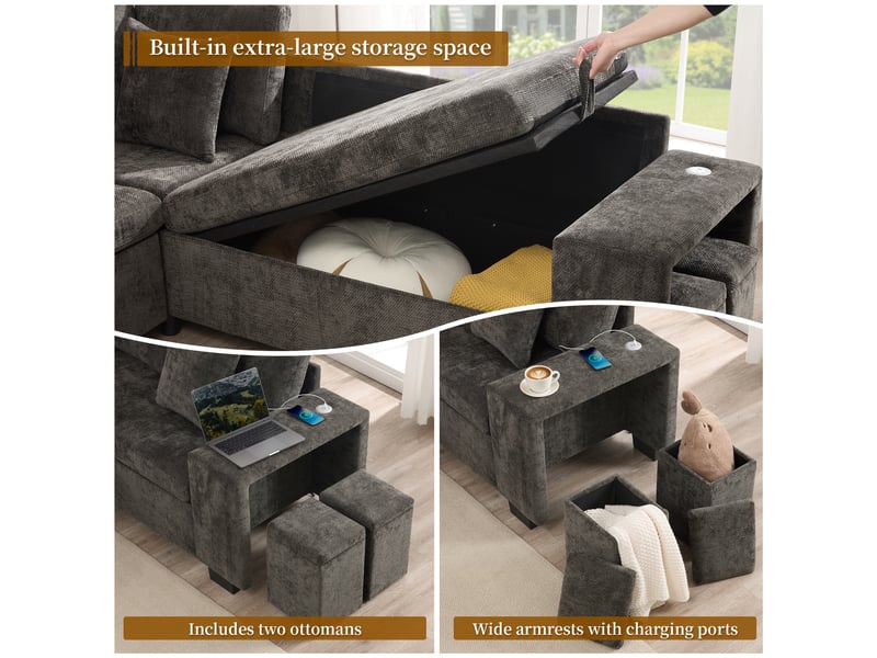  Canapé d'angle convertible 5 places en chenille gris avec coffre intégré et méridienne réversible  - Conforama W