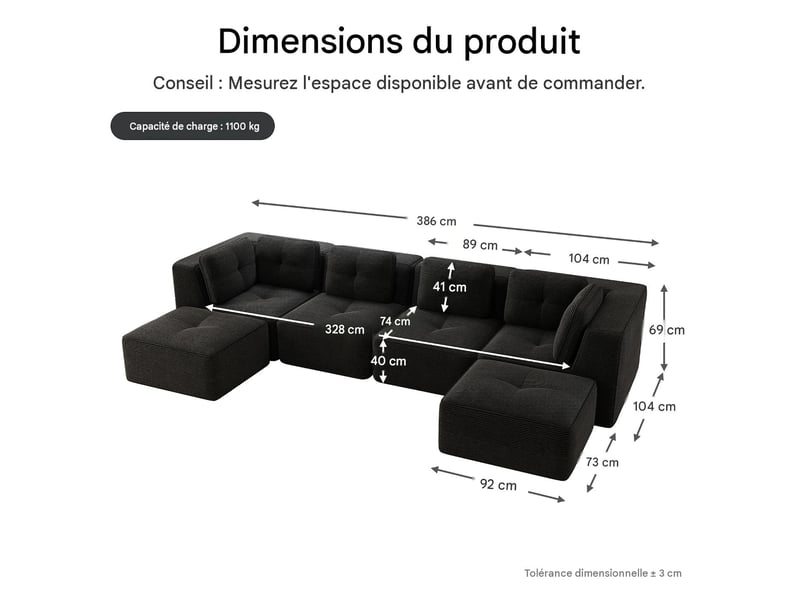  Canapé modulable 4 places en velours côtelé noir W3325S00260 - Conforama C