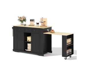 Îlot de cuisine mobile 138 à 213 x 55 x 93 cm avec table extensible, prises et rangements, noir et naturel