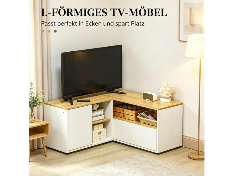 Banc tv d'angle 90 x 90 x 45 cm - blanc et bois clair - 5 espaces de rangement d'inspiration scandinave  - Conforama E