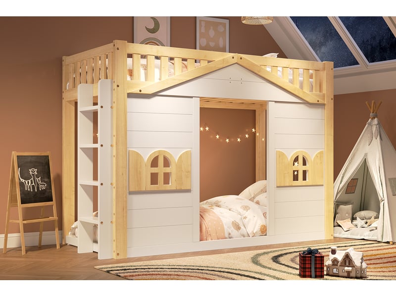  Lit superposé enfant 90x200 cm blanc et bois clair pin et mdf avec sommier inclus Sol Morn - Conforama D