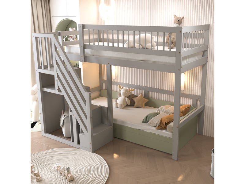  Lit mezzanine enfant 90 × 200 cm 1 place avec escalier de rangement, sans matelas, en bois massif, gris  - Conforama C