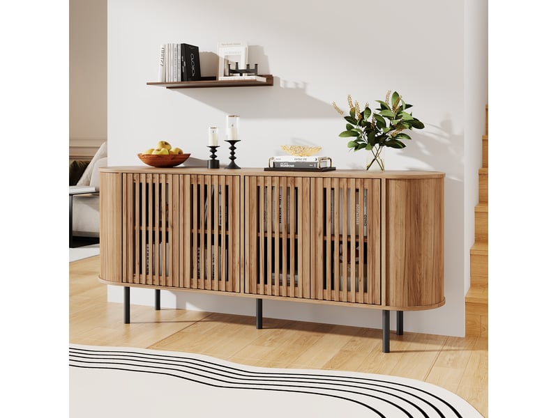  Buffet bas 4 portes perforées avec étagères réglables, pieds métal, fermeture douce, mdf naturel 160 × 40 × 70 cm  - Conforama E