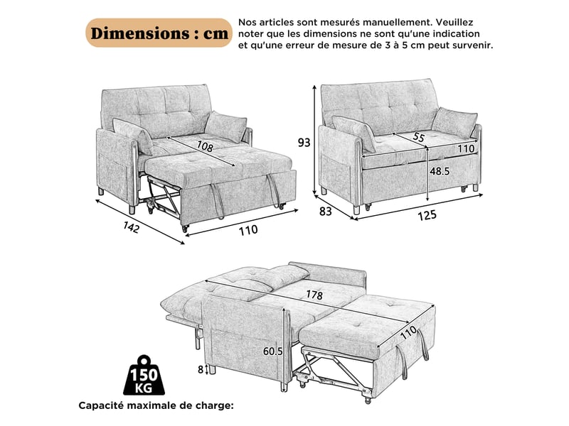  Canapé convertible 2 places 3-en-1 en chenille vert avec dossier réglable  - Conforama C