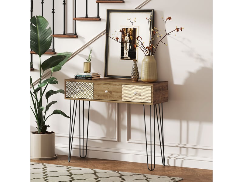  Console à 3 tiroirs avec pieds en acier épingle à cheveux, style bohème naturel  - Conforama D