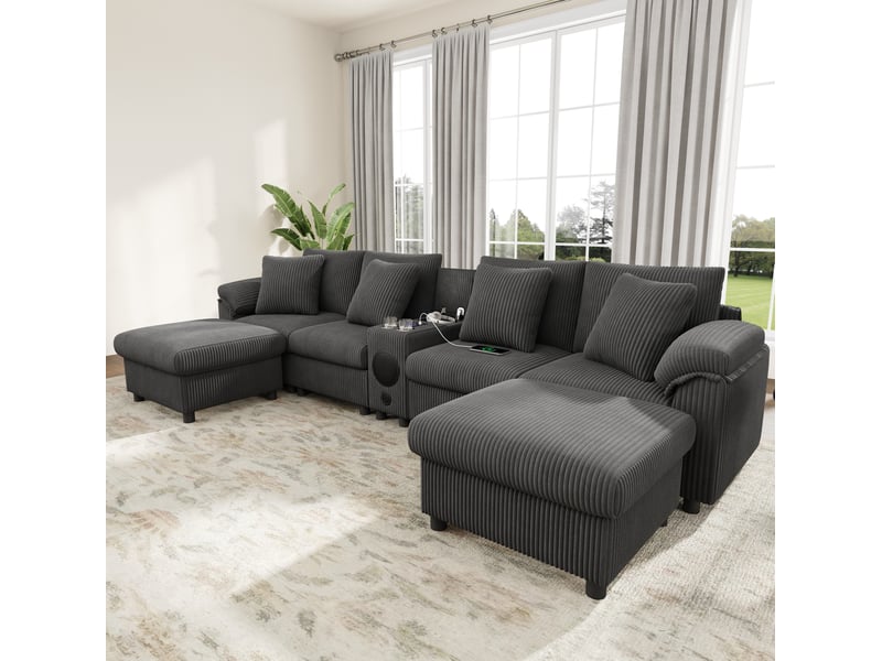 Canapé modulable d'angle u et l avec rangement, bluetooth et console gris homvra - Conforama D