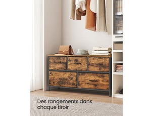 Commode à 5 tiroirs de rangement pour chambre à coucher, meuble de rangement, acier, mdf, tissu non tissé, pour chambre à coucher, placard, couloir, salon, marron rustique et noir encre