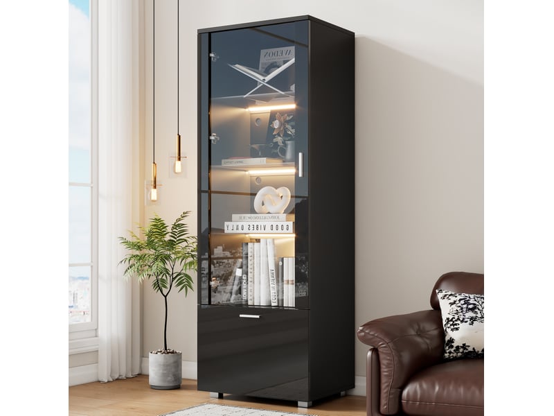 Vitrine led avec 3 étagères en verre, porte en acrylique et rangement bas pour salon, noir, 40 × 50 × 160 cm - Conforama C