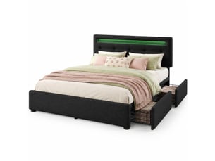 Cadre de lit tcqpz double 140 x 200 cm avec led 4 tiroirs tête de lit réglable noir lin et métal