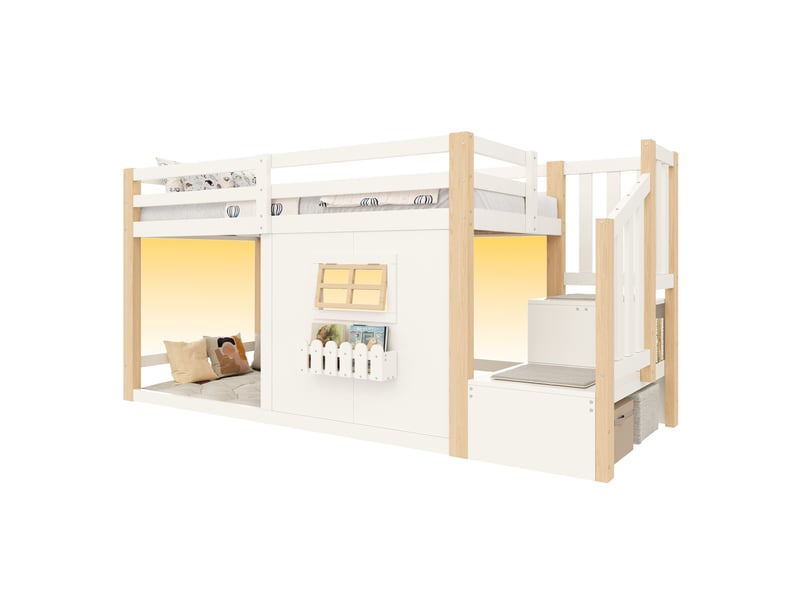 Lit mezzanine enfant 90x200 cm en bois blanc et bois clair, escalier de rangement, led réglable, sans matelas - Conforama A