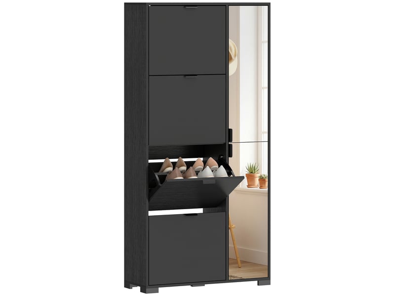  Meuble à chaussures 4 tiroirs rabattables 2 portes miroir mdf noir 82x30x168 cm  - Conforama A