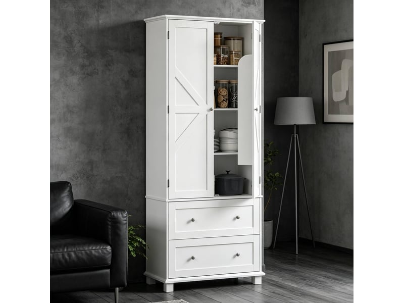  Buffet de cuisine haut 80 x 39,5 x 184,5 cm, 2 portes, 2 tiroirs, blanc  - Conforama D