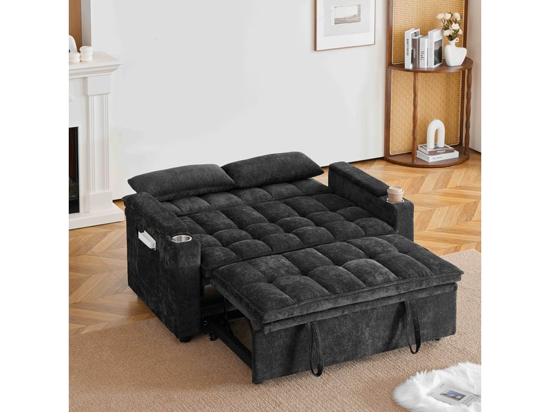  Canapé-lit convertible 2 places 3-en-1 142 × 89 × 89 cm en chenille noire, rangements, poches et 2 porte-gobelets  - Conforama D
