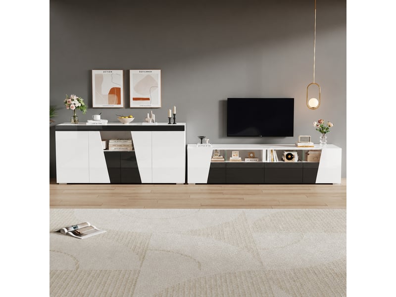 Ensemble meuble tv et buffet de salon avec éclairage led, meuble tv 180 x 38,5 x 45 cm et buffet 140 x 40 x 65 cm, noir et blanc - Conforama C