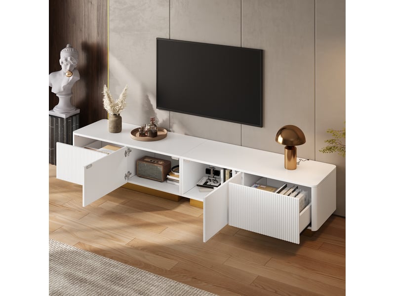  Meuble tv 200x40x35 cm avec 2 tiroirs et 2 portes coloris blanc  - Conforama D