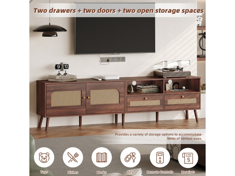  Meuble tv 80 pouces avec portes en rotin, meuble tv 200 cm marron à 2 tiroirs et 8 pieds, rangement multimédia pour salon  - Conforama W