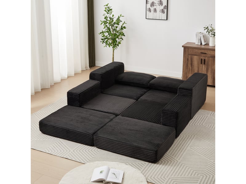  Canapé d’angle convertible 2 places en velours côtelé, méridienne réversible, 194 × 169,5 × 74 cm, noir  - Conforama D