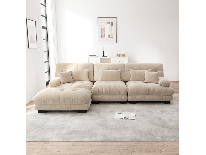  Canapé d'angle modulable modenvie 3 places avec ottomans mobiles 313 x 145 x 81 cm chenille café clair  - Conforama B