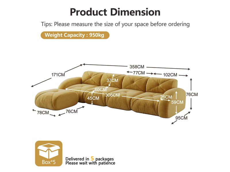  Canapé d'angle modulaire 4 places avec repose-pieds, assise en mousse dense et tissu chenille, jaune  - Conforama E