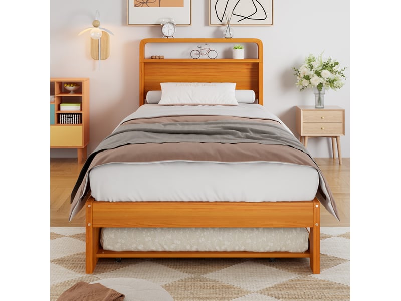  Lit gigogne modenvie 90 x 200 cm avec lit d'appoint 90 x 190 cm réversible gauchedroite tête de lit arrondie bois naturel  - Conforama E