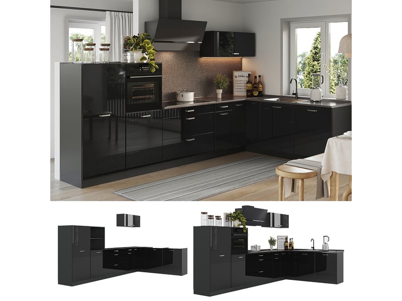  Vicco cuisine en angle, noir haute brillanceanthracite, 347 x cm plan de travail marbre  - Conforama D