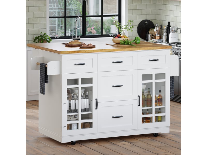 Meuble de cuisine - îlot mobile avec 5 tiroirs, 2 portes et étagère réglable, blanc, 140x40(63,5)x95 cm  - Conforama B