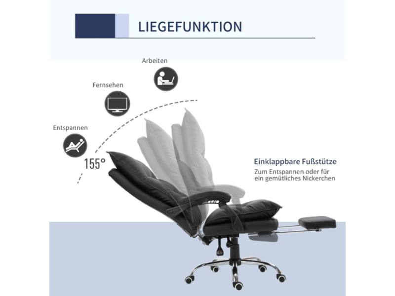  Chaise de bureau avec repose-pieds, similicuir noir, réglable, 66x72x122-130 cm  - Conforama D