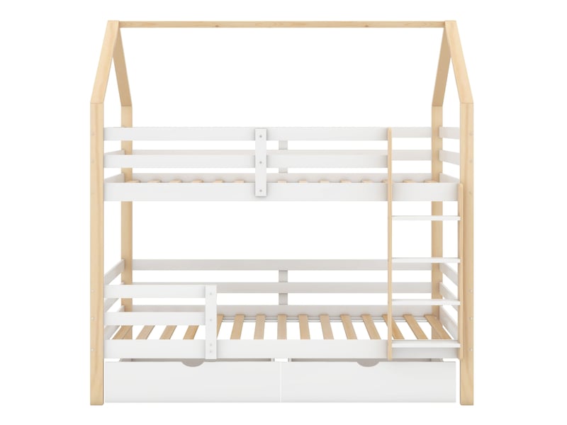 Lit superposé enfant 90x200 cm – blanc et chêne – forme maison, échelle fixe, 2 tiroirs, sans matelas - Conforama D