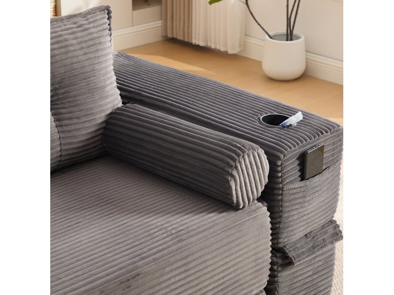  Canapé droit convertible 2 places en velours côtelé gris foncé, poches et porte-gobelet, confort durable  - Conforama D
