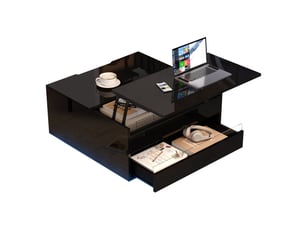 Table basse noire, table basse de salon avec bande lumineuse led, console avec 1 tiroir et portes relevables