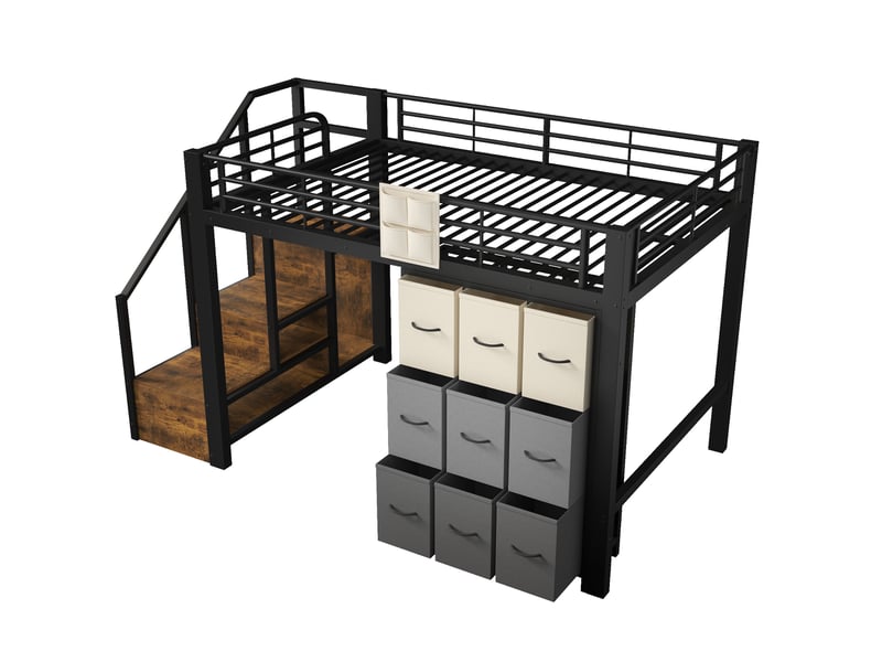  Lit mezzanine métal 140x200 cm noir avec tiroirs, penderie et escalier rangement  - Conforama D