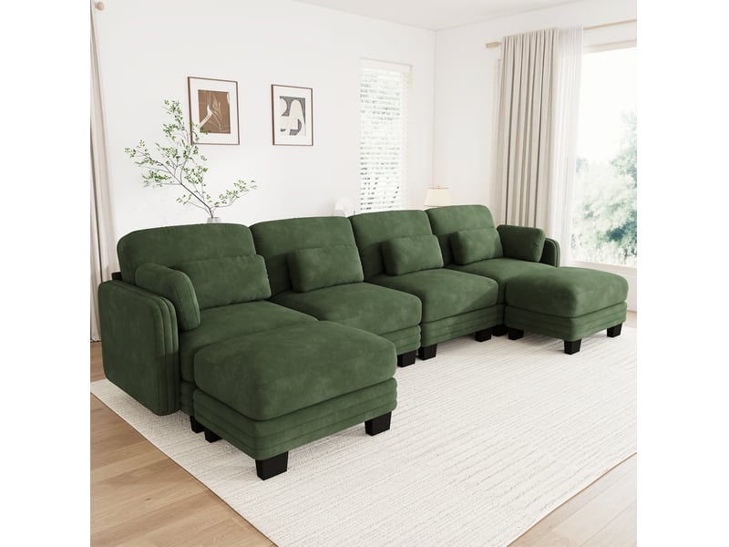  Canapé modulaire en u tcqpz 4 places 330 x 143 x 88 cm avec 2 ottomanes chenille vert  - Conforama B