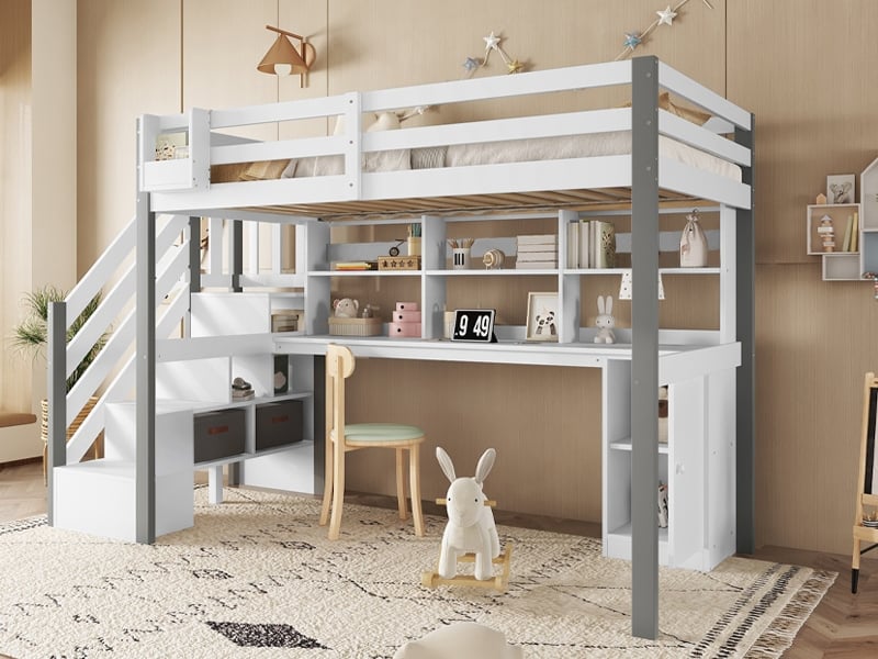 Lit mezzanine 90x200cm avec échelle latérale, étagère ouverte, bureau et casiers, blanc+gris - Conforama B