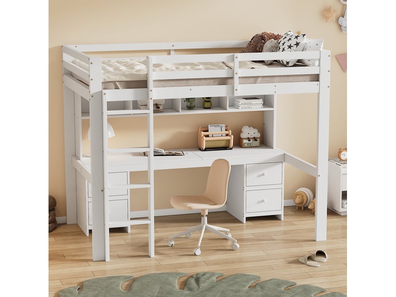 Lit mezzanine tcqpz enfant 90 x 200 cm avec bureau et rangements pin et mdf blanc - Conforama E